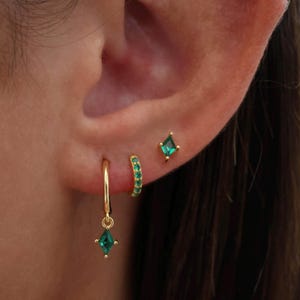 Emerald Green Dangle Drop Earring Gift Set, 925 Sterling Silver with 18k Gold plated, 3 Pair 2 Pair Earring Stack Set, Green Stud, Gift