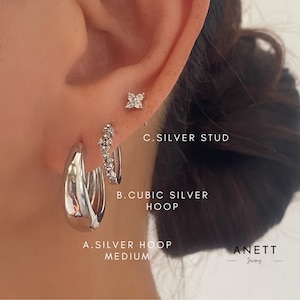 Silver Hoop Earrings, Curved Chubby Teardrop Silver Hoop, Thick Silver Hoops, Basic Simple Silver Hoops, Everyday, Gift for Her, Earring Set