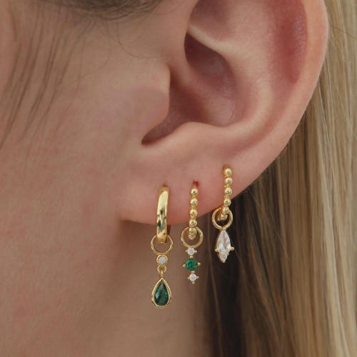 Emerald Green Teardrop Dangle Earrings, Gold Plated Sterling Silver Hoops