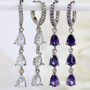 3 Teardrop Dangle Silver Earrings, Purple Clear Cubic Stone, CZ Drop Dangle Earring Set, Gift for Her, Formal Earrings, Party Earrings