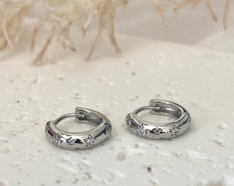 Star Silver Hoop Earrings, Small Silver Huggie, 925 Sterling Silver Hoops, Celestial Earrings, Dainty Silver Hoops, Ear stack, White gold