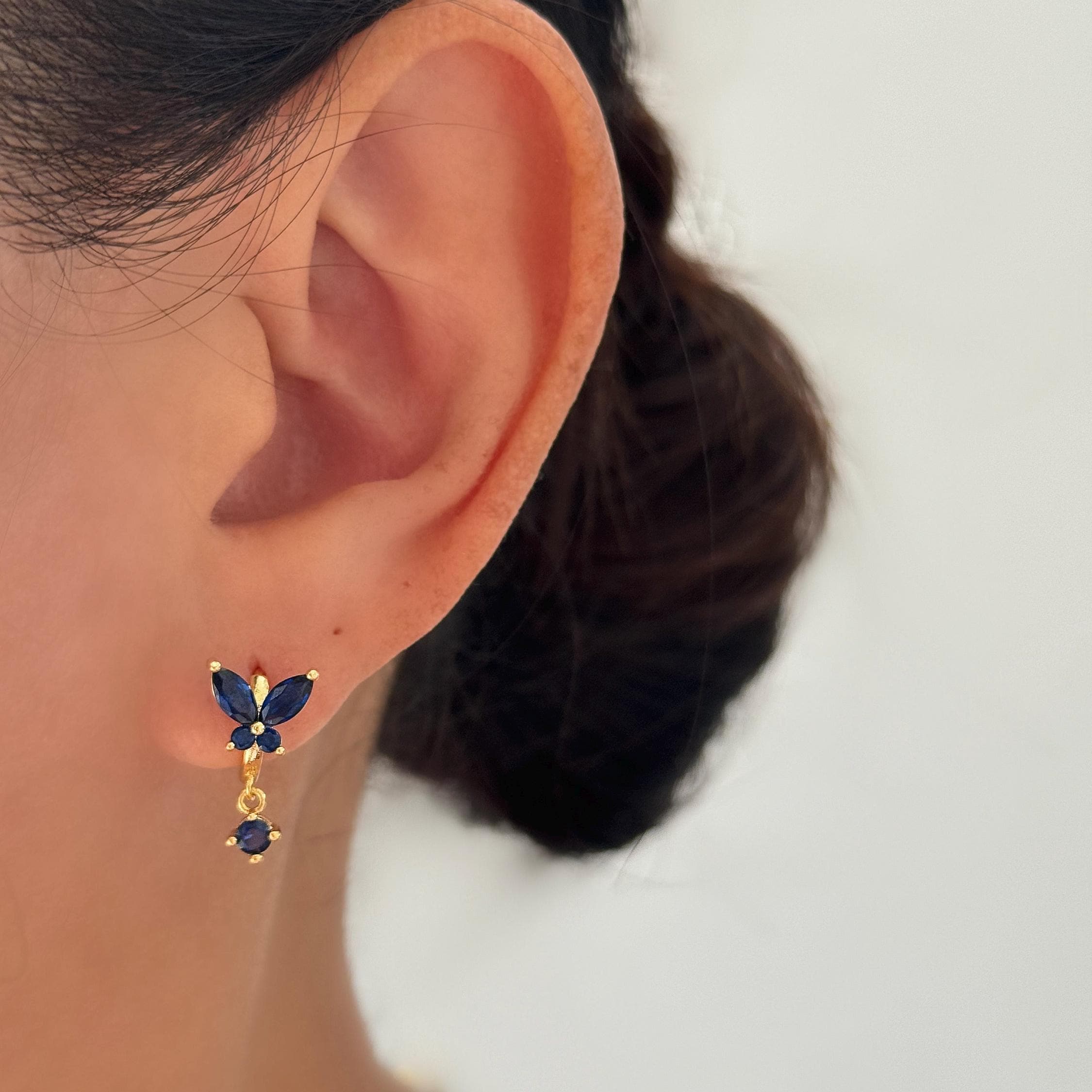 Butterfly Gemstone Hoop Earrings, 18k Gold Plated Dangle