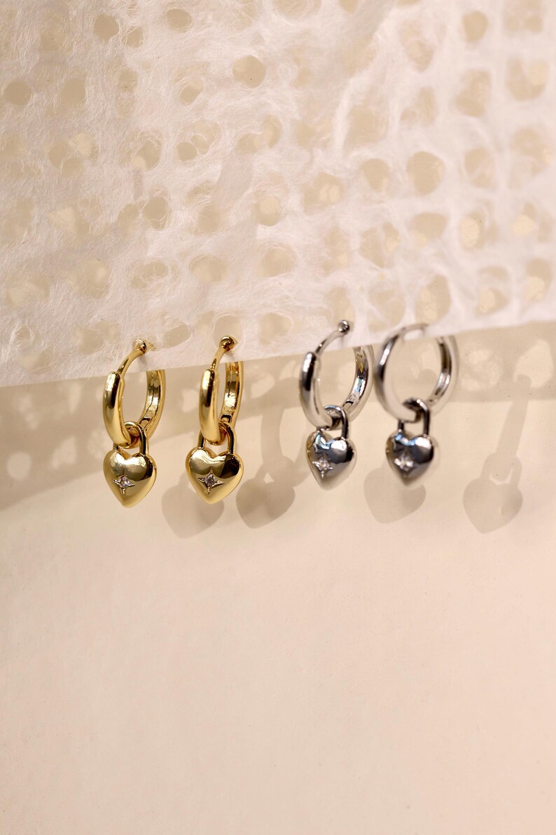 Silver Heart Dangle Hoop Earrings Set – Cubic Zirconia Studs - Etsy ...