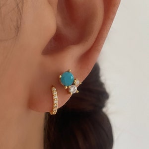 Turquoise Stud Earrings, 925 Sterling Silver with 18k Gold plated, Blue Earring Set, Gift for Mum, Gemstone Earring, CZ Stud Earrings