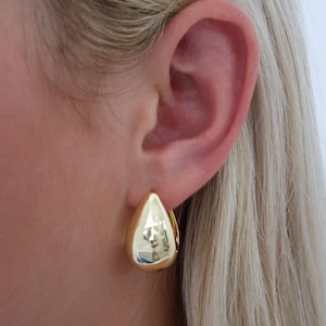 Chunky Gold Silver Hoop Earrings, Curved Chubby Statement Earrings, Curved Teardrop Gold Hoops, 1.4cm Thick, 18k Gold Earrings