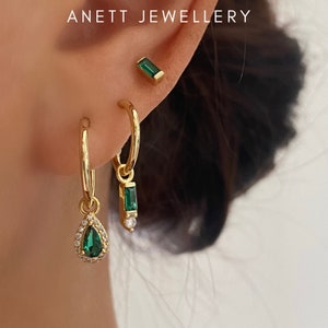 Emerald Green Dangle Earrings, Ear stacks, 925 Sterling Silver Drop Hoop, Sleeper Helix, Mix and Match 3pieces Set, Second piercing Earrings
