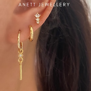 Dangly Ear Stack Set, 925 Sterling Silver 18k Gold Plated, Gold Huggie Hoop, Cubic Stud Earring, Gift for her, 3 pieces Gold Earring Set