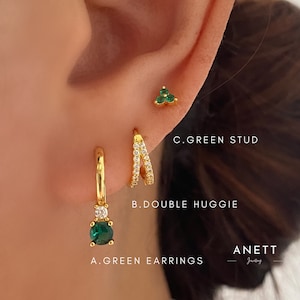 Green Gold Huggie Hoop Earring, Green Gemstone Earring, 18k gold plated, Small Gold Huggie, Dainty hoops, Second Earring, Helix Huggie, Gift