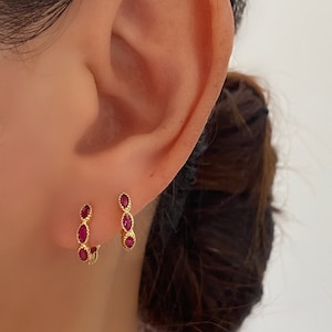 Pink Cubic Zirconia Huggie Hoops Earrings, Sleeper Hoop Earrings, 18K Gold Plated, Gift, Small Pink Hoop, Cat eye zircon earring, Minimalist