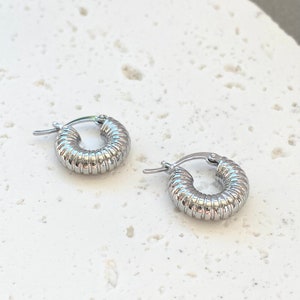 Thick Chunky Croissant Ribbed Hoop Earrings, Silver Earrings, White Gold Plated, Thick Gold Hoops, Parisian Croissant Hoop Earrings