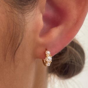 Pearl Gold Huggie Hoop Earrings, Gold Stud, 7mm Huggie Hoop, 925 Sterling Silver with 18k gold plating, Gift, Minimalist, 3 Pair Earring Set