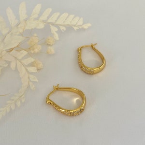 Gold Hoop Earrings, Oval Cubic Paved Silver Hoop, Silver CZ Earrings, 18k Gold Plated Earrings, Gift for Her, Sparkle Earrings