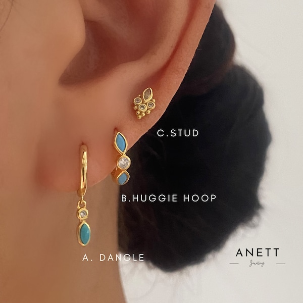 Turquoise Dangle Gold Earring Set, 925 Sterling Silver 18k gold Plated, Turquoise Huggie Hoop Earrings, Gift for Mum, Gift for Her