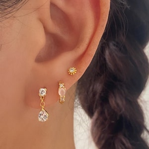 Crystal CZ Dangle Stud Gold Earrings, 925 Sterling Silver 18K gold plated, Dainty ear stacking Set, Tiny gold Huggie Hoop, 16G Helix Stud