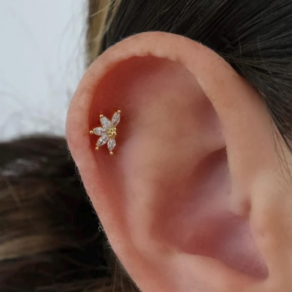 Gold Flower Helix Earring, 19G Sterling Silver Conch Piercing