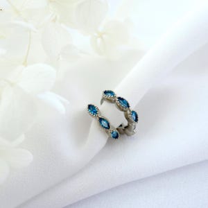 Blue Marquise Silver Hoop Earring, Dainty Blue Silver Huggie Hoop, Minimalist Hoop, Clear White Cubic Zirconia Silver Earrings, Gift for Her