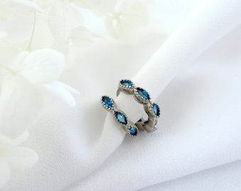 Blue Marquise CZ Sterling Silver Hoop Earrings, Dainty Huggie Hoops