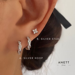 Twisted Silver Huggie Hoop Earrings, Dainty Sterling Silver Earrings, White Gold Hoop Earrings, Gift for her, Bride and Bridesmaid Earrings