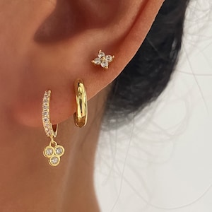 Gold Earring Sets, Minimalist Gold Huggie Dangle Hoop Set, Simple hoop earrings, 925 Sterling Silver Helix gold stud, Small Stud, Gift Set