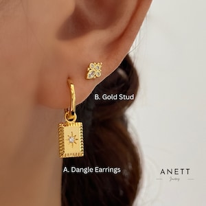 Starburst Dangle Earrings, 925 Sterling Silver 18k gold plated, Square Charm, Star Earrings, Celestial drop Gold, Gift for her, Minimalist