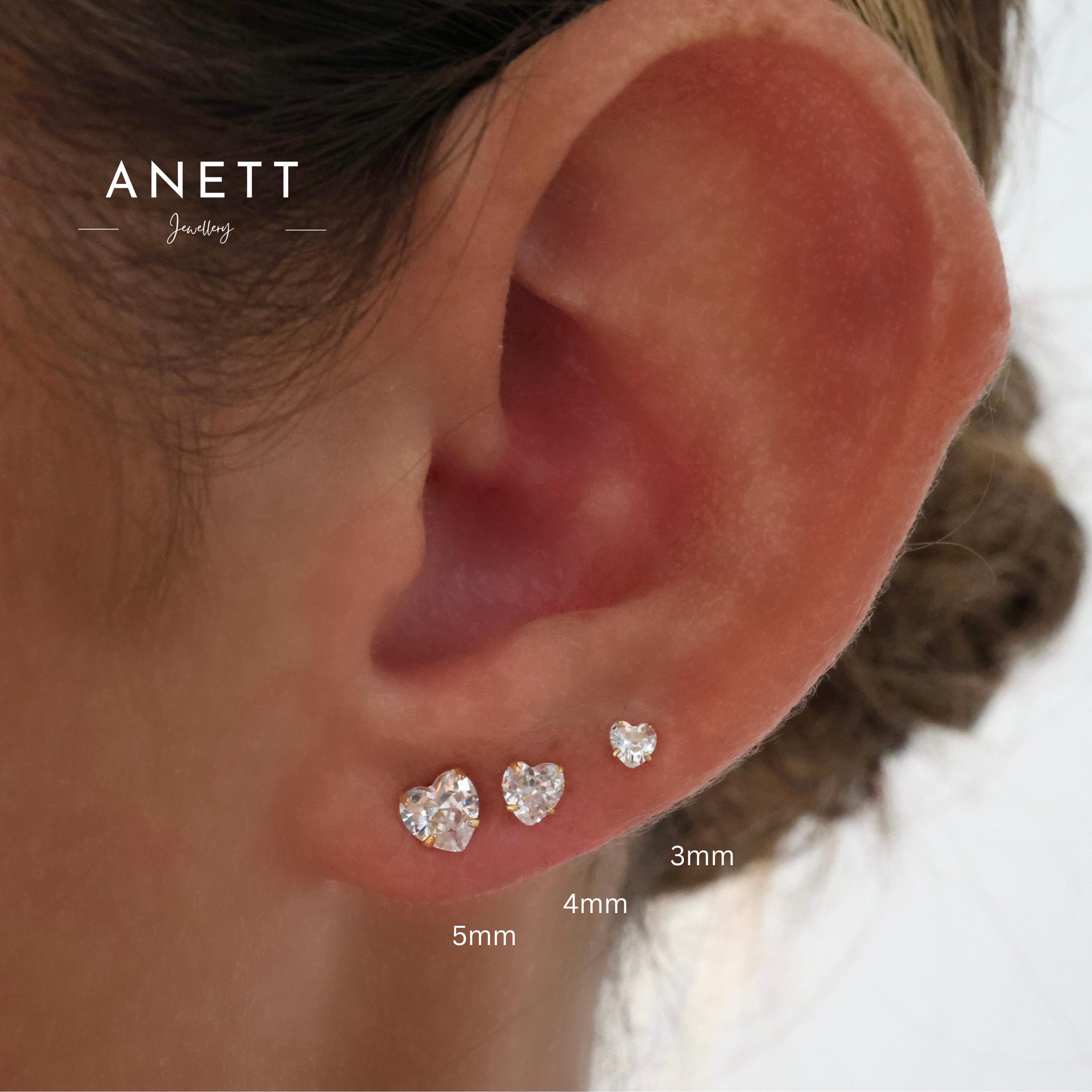 Sterling Silver Heart Stud Earrings, Cubic Zirconia, 3mm 4mm 5mm