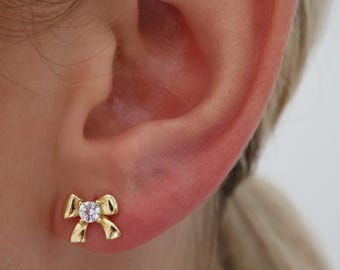 Gold and Silver Bow Stud Earrings, 925 Sterling Silver, Ribbon Jewelry