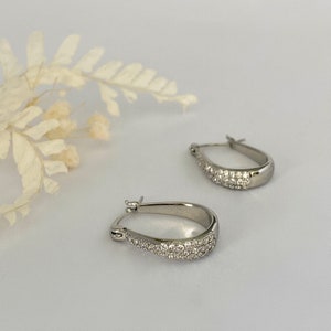 Silver Hoop Earrings, Oval Cubic Paved Silver Hoop, Silver CZ Earrings, White Gold Plated Earrings, Gift for Her, Sparkle Earrings