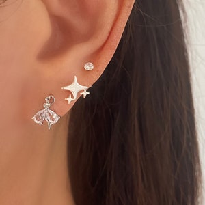 Ballerina Stud Earrings in Sterling Silver, Dainty Silver Stud, Minimalist, Silver Crystal Gril Earring, Tragus earring, Small conch earring
