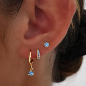 Blue Gold Earring Set, Sapphire Blue Dangle Huggie Stud Earrings, 18k gold plated, 3 Pair 2 Pair Earring Stack Set, Gift, Valentines Gift