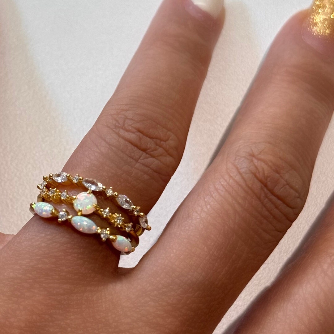Gold Opal Ring, Sterling Silver Cubic Zirconia Stacking Ring - Etsy