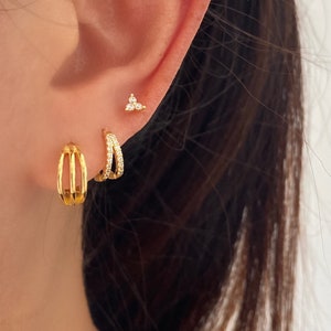 Simple Gold Huggie Hoops, Silver Hoop Earrings, Triple line huggie, Dainty Huggie hoops, Everyday Earrings, Three layers Earrings
