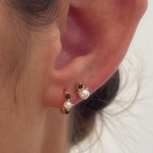 Pearl Gold Huggie Hoop Earrings, Black Gemstone with Pearl Stud Earrings, 925 Sterling Silver with 18k gold plating, Gift, Minimalist