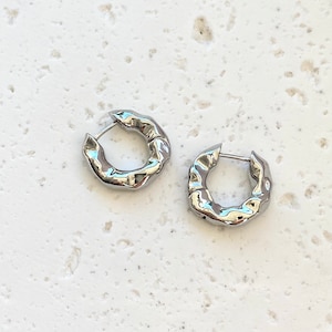 Hammered Silver Hoop Earrings, Thick Chunky White Gold Earrings, Everyday Earrings, Silver Hoop Earrings, Irregular shape Silver hoops