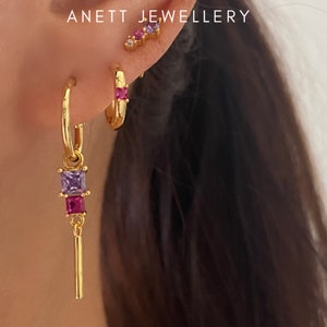 Pink Purple Dangly Ear Stacks, Gold Earrings, 925 Sterling Silver, 18k gold plated, Sleeper Hoops, Helix, Second piercing, Gift for Her