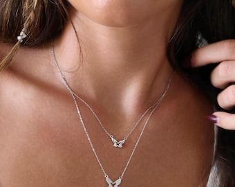 Sterling Silver Butterfly Necklace: Double Layered Minimalist Jewelry