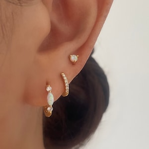 Opal Huggie Hoop Earrings, Gold Hoop Earrings, Minimalist Hoop, 925 Sterling Silver 18k Gold Plated, Gift for Her, Jewellery Set