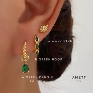 Green Gold Hoop Earring Stack Set, Dainty Emerald Green teardrop Dangle Earrings, Marquies, 925 Sterling Silver Stud, Valentine's Day Gift