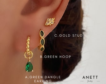 Green Gold Hoop Earring Stack Set, Dainty Emerald Green teardrop Dangle Earrings, Marquies, 925 Sterling Silver Stud, Valentine's Day Gift