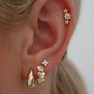 Gold Hoop Stacking Earrings, Flower Gold Hoop Earrings, Chubby Gold Hoop, Waterdrop Gold Hoop, 3 pair Gold Earrings, Gold Stud, Gift for her