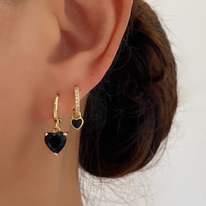 Love Heart Dangle Earring, 18k gold plated, Black Cubic Zirconia heart dangly hoop earrings, Big Heart earrings, Gift for her, Cute earrings
