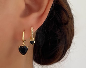 Gold Plated Black Cubic Zirconia Heart Dangle Hoop Earrings