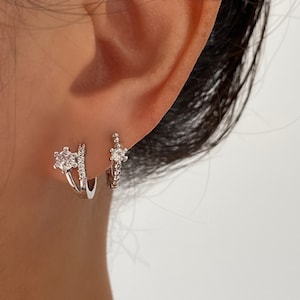 Sterling Silver Huggie Hoop Earrings, Silver Cubic Earring, Diamond Cubic double hoop, Sparkle Crystal cubic hoop, White Gold Earring, Gift
