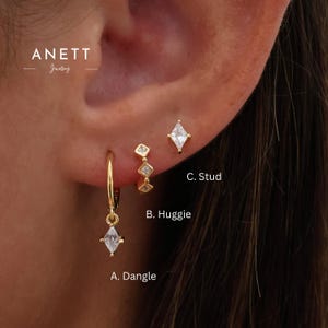 Diamond Dangle Drop Gold Earring Gift Set, Diamond Stud, 925 Sterling Silver with 18k Gold plated, 3 Pair 2 Pair Earring Stack Set, Gift