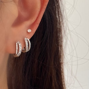 Silver Huggie Hoop Earrings, Sterling Silver Cubic Hoops, Simple Minimalist Silver Hoops, Cubic Paved Silver Hoops, White Gold Hoop Earrings