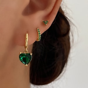 Love Heart Dangle Earring, 18k gold plated, Green Cubic Zirconia heart dangly hoop earrings, Big Heart earrings, Gift for her, Cute earrings