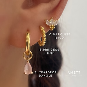 925 sterling silver gold dangle earring Set, Pink dangle earring, Tiny Gold huggie, Cubic Gold Stud, Helix Stud, Earring Set, Gift for Mum