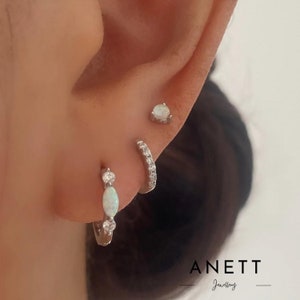 Opal Silver Huggie Hoop Earrings, Silver Hoop Earrings, Minimalist Hoop, 925 Sterling Silver, Gift for Her, Jewellery Set
