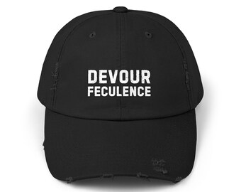 Distressed Cap with 'Devour Feculence' - Trendy Unisex Hat for Everyday Style, Summer Beach Accessory, Casual Gift, Fashion Statement
