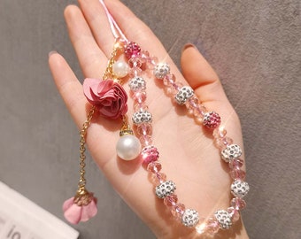 Trendy Beads Chain- Mobile Phone Lanyard Short Cord -Crystal Bracelet-Flower Pendant Anti-lose