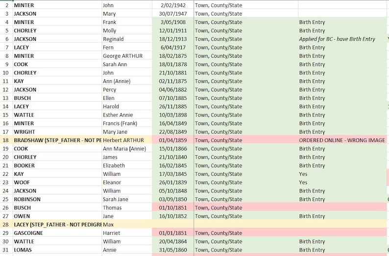 Genealogy Family Tree - Keep Track of Your Records (spreadsheet) - Etsy